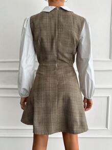 SHEIN Cottnline Women Contrast Checked Long Sleeve 2 In 1 Dress - Brown - View 2