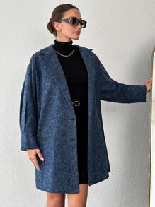 EURMUSE Lapel Neck Drop Shoulder Button Front Overcoat - Blue - View 4