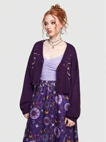 ROMWE Hippie Cárdigan con patrón de luna y estrella de hombros caídos - Morado - Ver 9