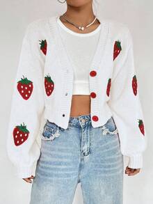 SHEIN Qutie Thêu dâu tây Thả vai Áo len Mở - Nhiều màu - Xem 3