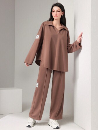 Mulvari Letter Patched Drop Shoulder Tee & Byxor 2 delar Set