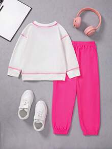 SHEIN Young Girl Letter Graphic Top-stitching Pullover & Sweatpants - Multicolor - View 2