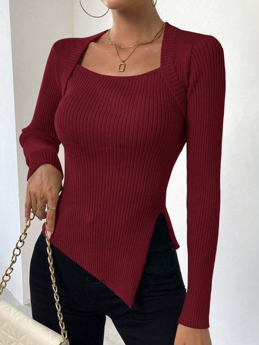 Chiquease Square Neck Split Hem Ribbed Knit Sweater,Long Sleeve Tops Knit Pullover Fall Winter Sweater - Burgundy - View 1