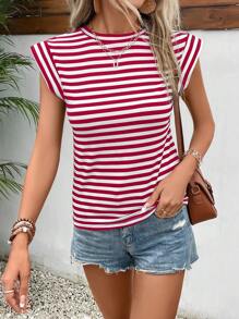 SHEIN Frenchy 條紋印花罩袖T恤 - 紅色 - 查看 6