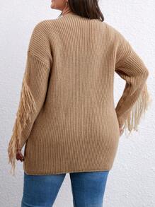 SHEIN LUNE Plus Fringe Trim Drop Shoulder Pocket Patched Cardigan - Khaki - View 2