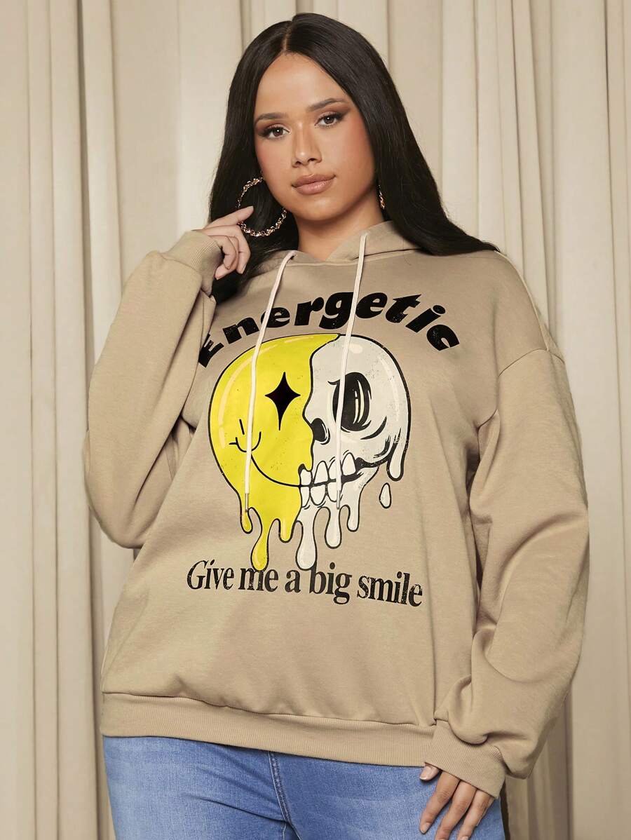 SHEIN SXY Plus Size Cartoon & Slogan Graphic Drop Shoulder Drawstring Sweatshirt - Apricot - View 1