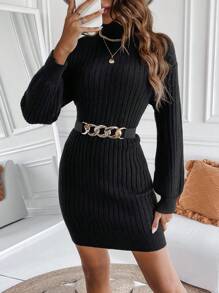 SHEIN Essnce Áo cao cổ Thả vai Đầm Áo len Không có thắt lưng - màu đen - Xem 1