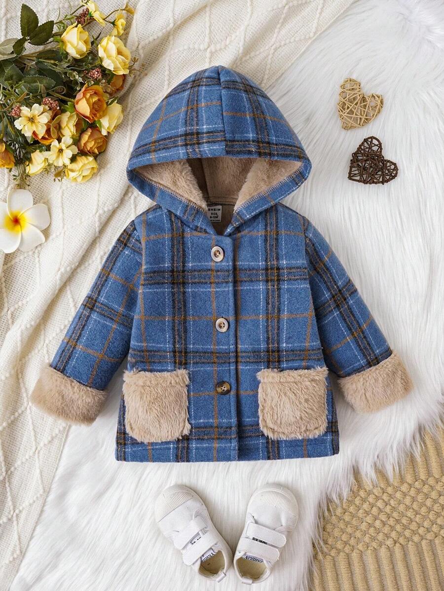 Baby Boy Plaid Print Teddy Panel Hooded Thermal Lined Overcoat - Multicolor - View 1