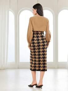 Modelyn Đồ họa Houndstooth Váy len ba lô & tay cánh Siêu crop Áo len - màu nâu - Xem 2