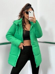 SHEIN EZwear 拉链按扣连帽夹棉大衣 - 綠色 - 查看 6