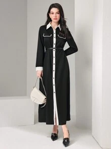 Seusyu Contrast Trim Flap Detail Belted Shirt Modest Long Sleeve Dress - Black - View 4