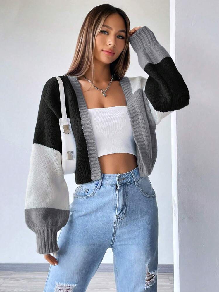 Flirla Colorblock Drop Shoulder Cardigan, Ladies Late Fall Casual Drop Shoulder Regular Fit Multicolor Colorblock Women Cardigans, Casual Daily Wear,Long Sleeve Tops - Multicolor - View 4