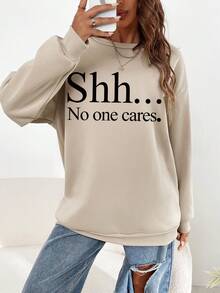 SHEIN EZwear 字母圖案落肩袖運動衫 - 杏色 - 查看 4