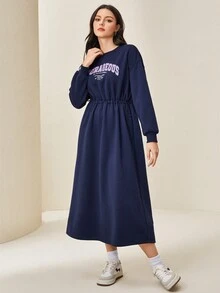 Mulvari Đồ họa Chữ cái Thả vai Eo dây rút Đầm nỉ - Màu xanh lam - Xem 4