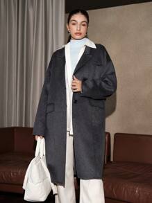Anewsta Peak Collar Belted Overcoat - Light Grey - View 3
