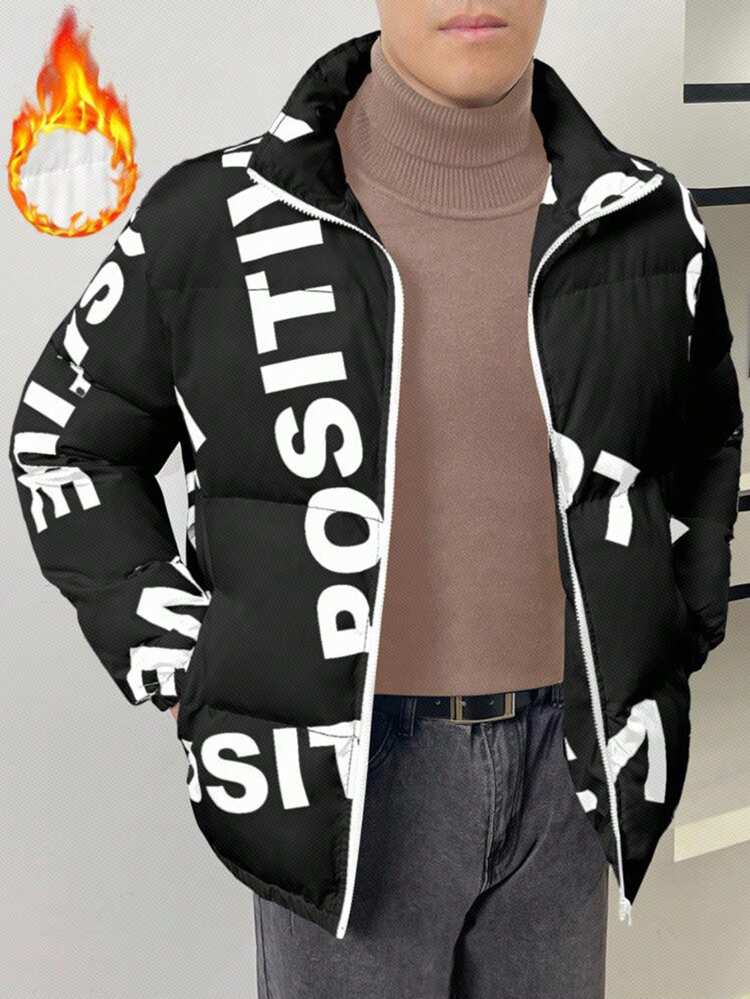 Oversized Men's Letter Print Zip-Up Winter Coat