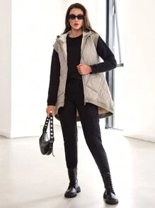 SHEIN Cottnline Slant Pockets Hooded Vest Onion Quilted Coat - Beige - View 1