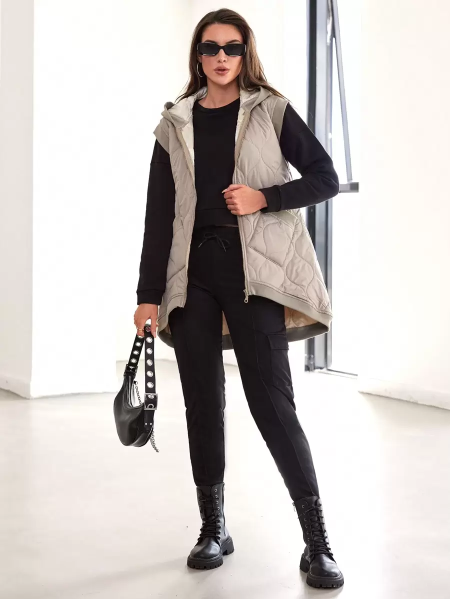 SHEIN Cottnline Slant Pockets Hooded Vest Onion Quilted Coat - Beige - View 1