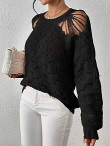 SHEIN LUNE Cắt ra Thả vai Dệt kim chấm bi Áo len - màu đen - Xem 4