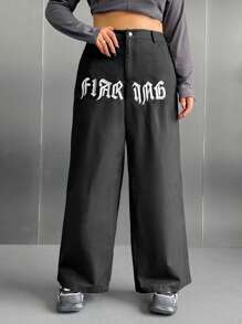 SHEIN EZwear Plus Letter Graphic Wide Leg Pants - Black - View 1