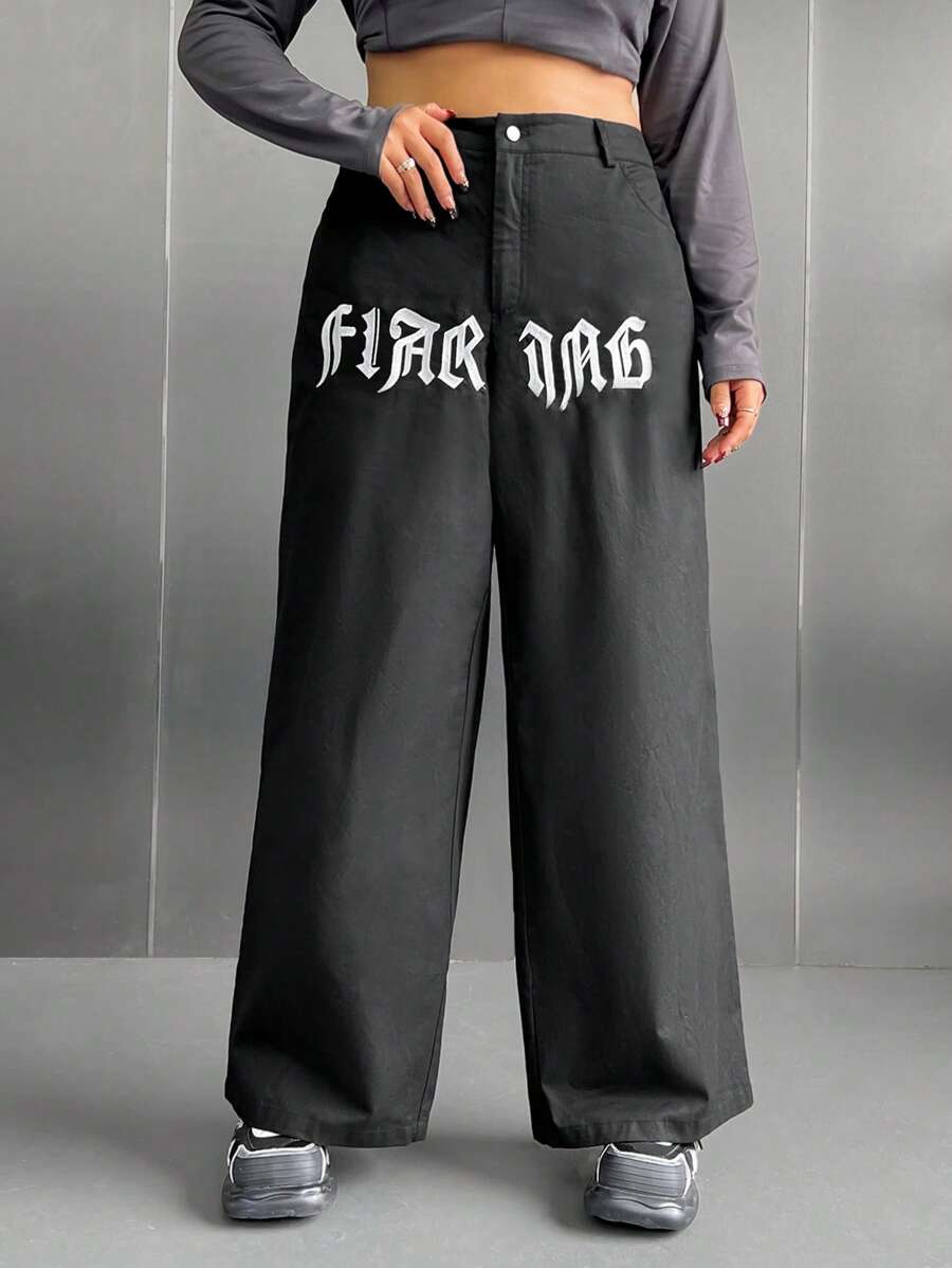 SHEIN EZwear Plus Letter Graphic Wide Leg Pants - Black - View 1