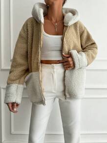 SHEIN Cottnline Two Tone Hooded Teddy Coat - Apricot - View 5