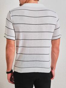 SHEIN 男士條紋圖案Polo領針織上衣 - 白色 - 查看 3