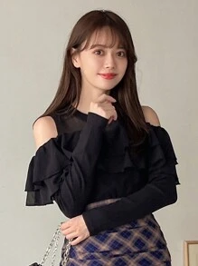 FRIFUL 網紗拼接挖肩荷葉邊T恤 - 黑色 - 查看 5