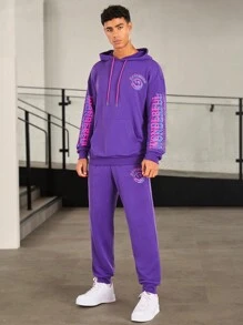 Manfinity VCAY Lỏng lẻo phù hợp Nam Lá thư In Hoodie Với Túi kangaroo Và Dây rút - Màu tím - Xem 3