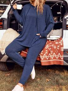 EMERY ROSE 大碼落肩袖下擺開叉連帽衫和緊身褲 - 藍色 - 查看 1