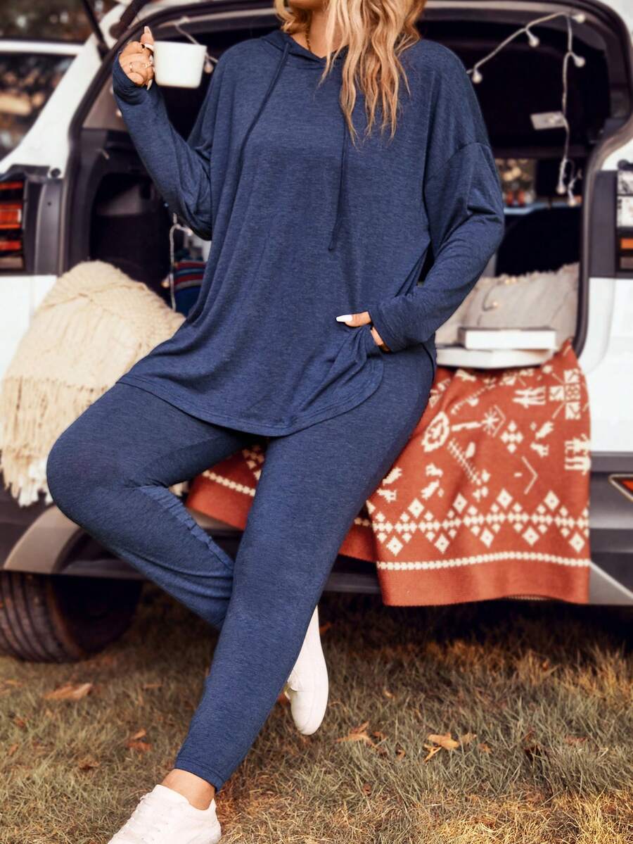 EMERY ROSE 大碼落肩袖下擺開叉連帽衫和緊身褲 - 藍色 - 查看 1