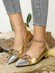Women's Flat Pointed Toe Flats With Metallic Chain And Rhinestone Decoration - Multicolor - View 1