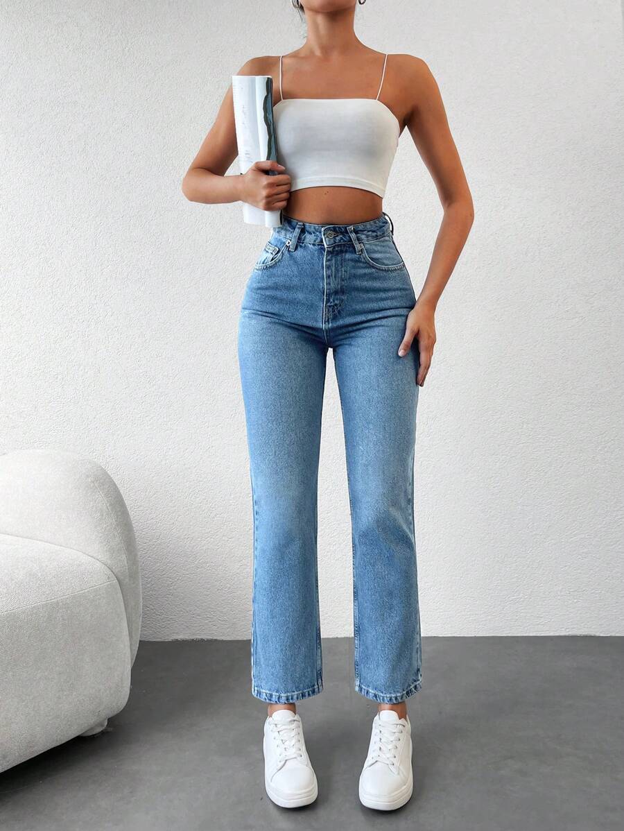 EURMUSE High Waist Straight Leg Jeans - Medium Wash - View 1