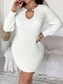 Calvaya Plus Chain Detail Keyhole Neckline Bodycon Sweater Dress - White - View 1