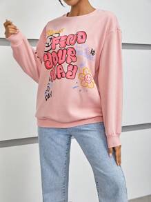 SHEIN EZwear Sudadera con estampado de slogan de hombros caídos