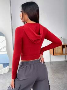 SHEIN EZwear Mẫu chữ Tay Raglan áo có mũ Áo len Crop - Đỏ và trắng - Xem 2