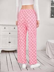 SHEIN EZwear Allover Heart Print Straight Leg Pants - Pink - View 2