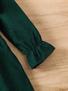 SHEIN Vintaside Kids Young Girl Floral Embroidery Ruffle Trim Flounce Sleeve Button Front Cord Dress Dark Green Dress For Young Girl