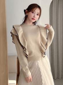 FRIFUL Tương phản ràng buộc Viền Ruffle Áo len - Màu be - Xem 6