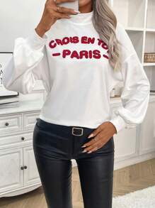 SHEIN Frenchy Letter Pattern Mock Neck Drop Shoulder Tee - White - View 1