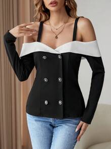 SHEIN Privé Blusa Cruzada Con Hombros Descubiertos Y Solapa En Contraste - Blanco y Negro - Ver 1