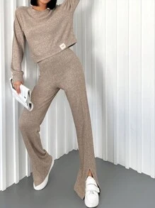 EURMUSE Women's Round Neck Long Sleeve Top And Split Hem Pants Two-Piece Set - Camel - View 5