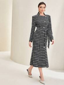 Modelyn Plaid Pattern Belted Tweed Dress - Multicolor - View 4