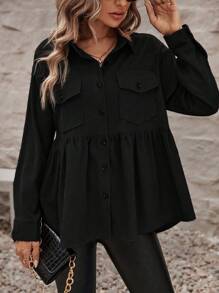 SHEIN LUNE Flap Pocket Ruffle Hem Button Front Shirt - Black - View 1
