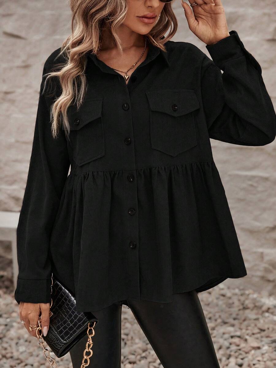 SHEIN LUNE Flap Pocket Ruffle Hem Button Front Shirt - Black - View 1