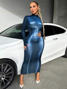 SHEIN SXY Mock Neck Bodycon Dress - Light Wash - View 4