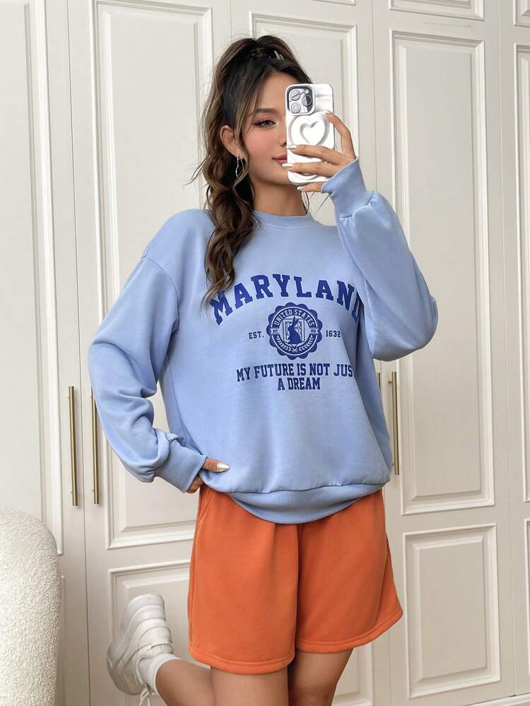 Letter Graphic Drop Shoulder Sweatshirt & Shorts