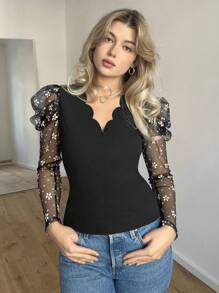 Firerie 網紗拼接羊腿袖貝殼邊上衣 - 黑色 - 查看 1