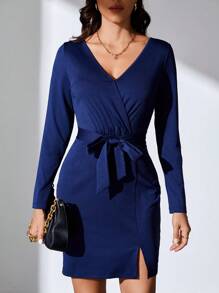 SHEIN Tall Solid Split Hem Belted Dress - Navy Blue - View 1