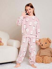 SHEIN Tween Girl Cartoon Graphic Flannel PJ Set - Pink - View 6